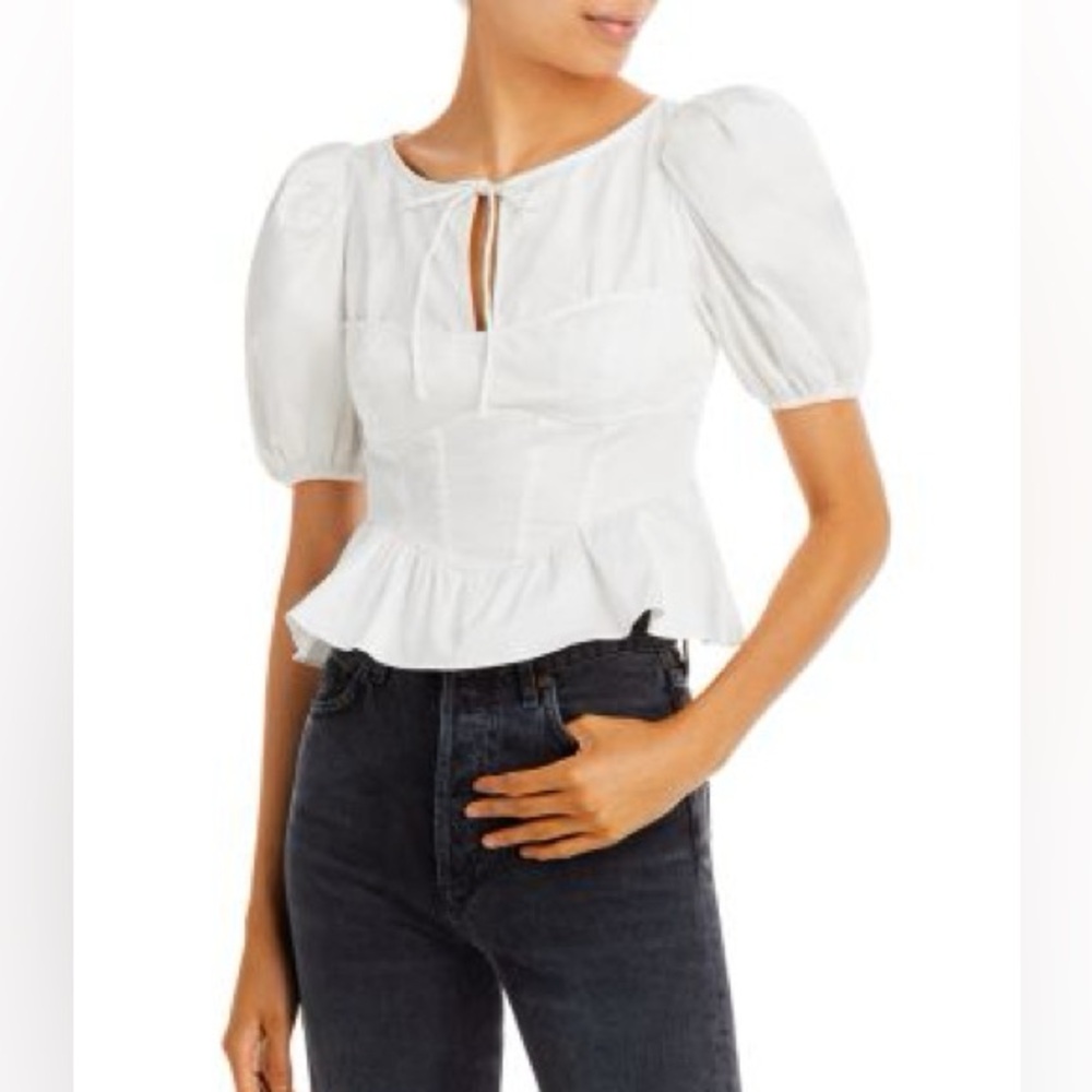 NWT For Love And Lemons Jocelyn White Puff Sleeve Peplum Blouse Size M